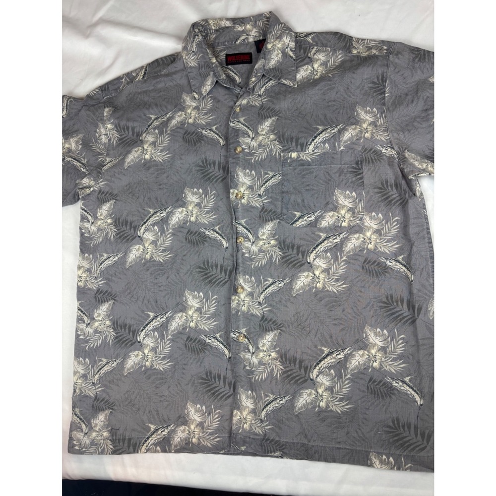 Wolverine Boots and Gear Mens XL Grey Marlin Palm Leaf Cotton Button Down Shirt